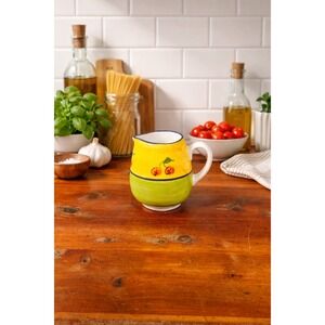 Vintage Ceramic Small Cherry Pitcher Yellow Green Hand Painted Country Kitchen